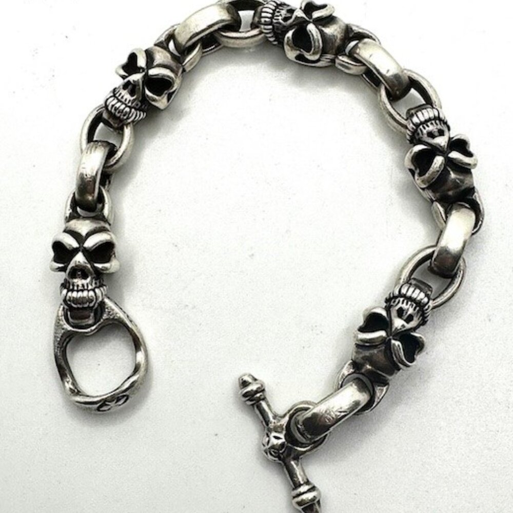 BWL Bill Wall Leather 5 Skull Toggle Clasp Bracelet  925 Sterling Silver